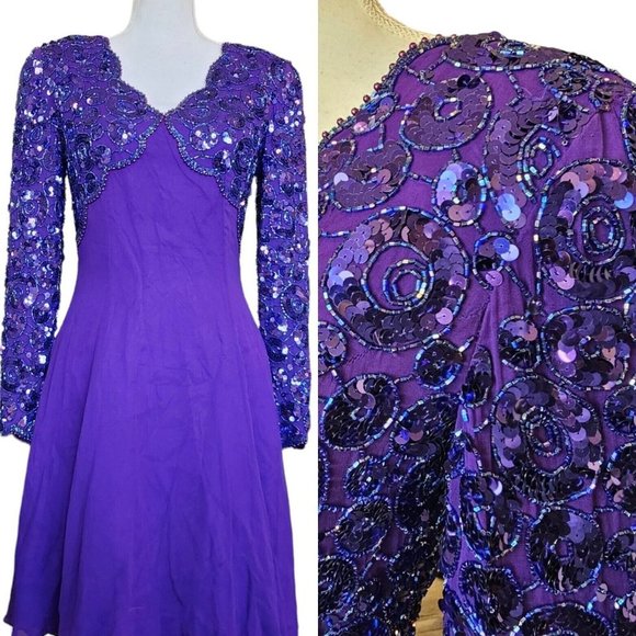 Vintage 80s Purple Silk Beaded‎ Cocktail Dress Longsleeve - Picture 1 of 12